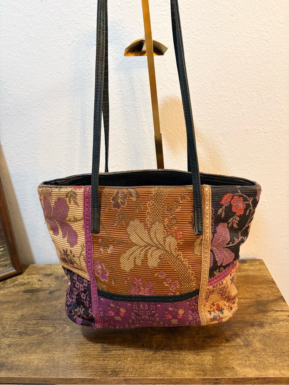 Bueno Tapestry Patchwork Floral Shoulder Bag in Purple, Brown and Black